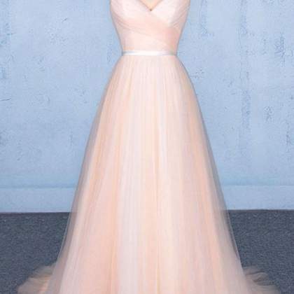 Pink V Neck Sleeveless Tulle A Line Prom Dresses..