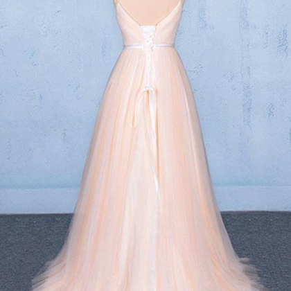 Pink V Neck Sleeveless Tulle A Line Prom Dresses..