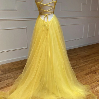 Yellow Tulle Long A Line Hand Made Custom Prom..
