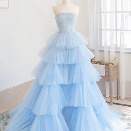 Blue Strapless Tulle Long Prom Dress Hand Made..
