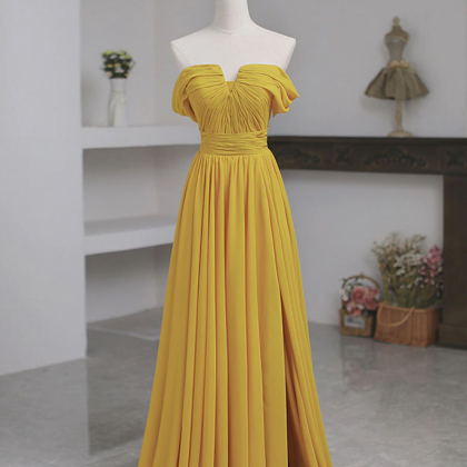 Yellow Simple Off Shoulder Long Prom Dress Hand..