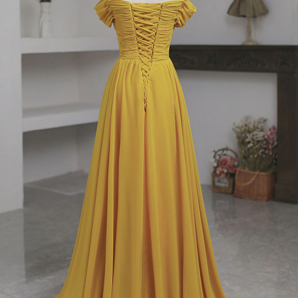 Yellow Simple Off Shoulder Long Prom Dress Hand..