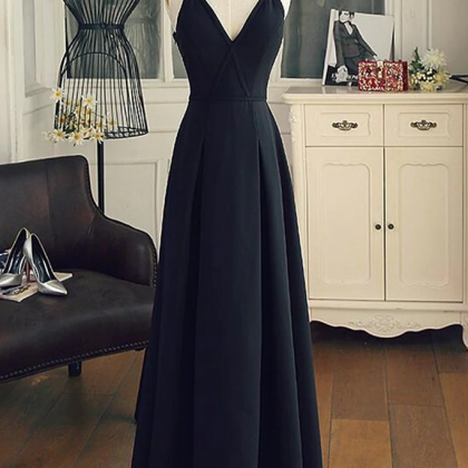 Black A Line V Neck Long Prom Dresses With Corss..