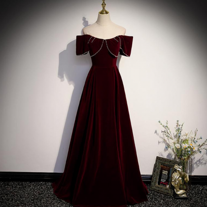 Wine Red Off The Shoulder Beaded Long Party Dress..