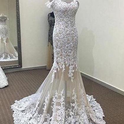 White Lace Champagne Tulle Mermaid Off The..