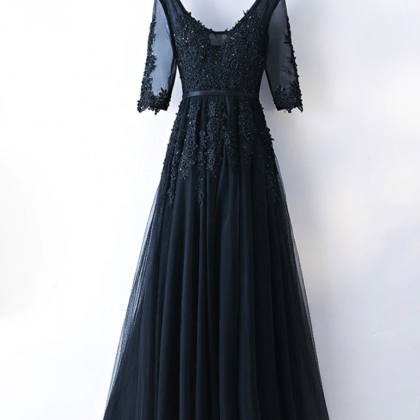 Navy Blue V Neck Tulle Lace Applique Long Prom..