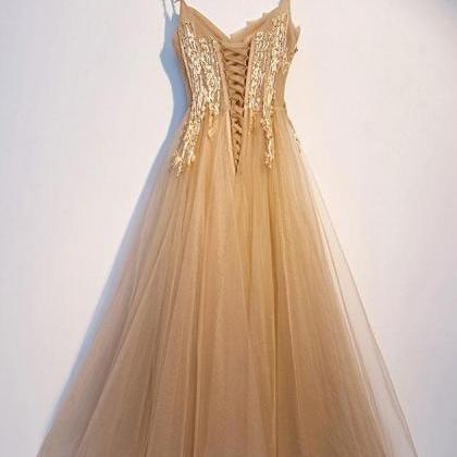 Hand Made Tulle Lace Long Prom Dress Champagne..