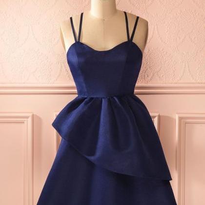 Navy Blue Strap Hand Made Prom Gowns Mini Short..