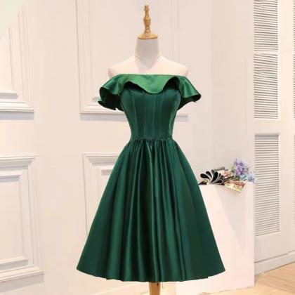 Green Satin Homecoming Dress Off Shoulder Evening..