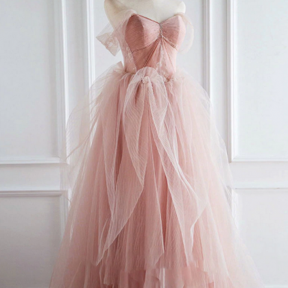 Pink Sweetheart Neck Tulle Long Prom Dress Evenign..