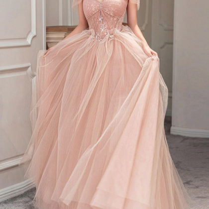 Pink Sweetheart Neck Tulle Long Prom Dress Evenign..