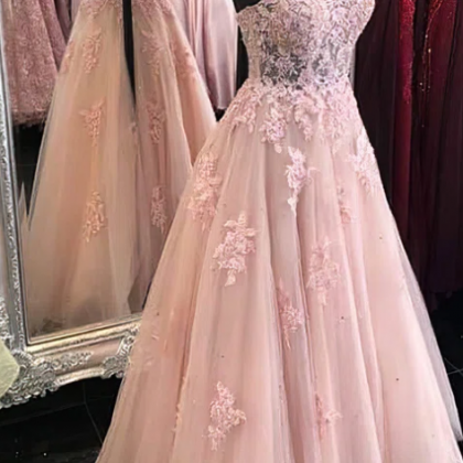 A Line Pink V Neck Tulle Appliques Prom Dress LBQ2200