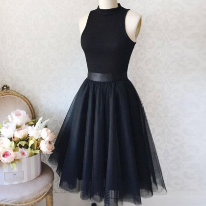 Black Tulle Simple Short Prom Dress, Black..