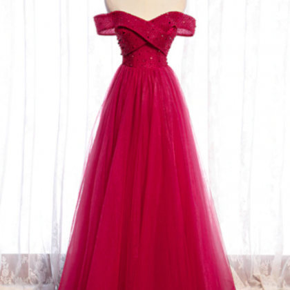 Red A-line Tulle Off The Shoulder Evening Dress..
