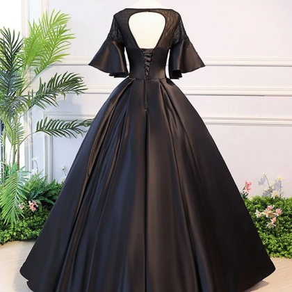 Black Round Neck Satin Lace Long Prom Dress..