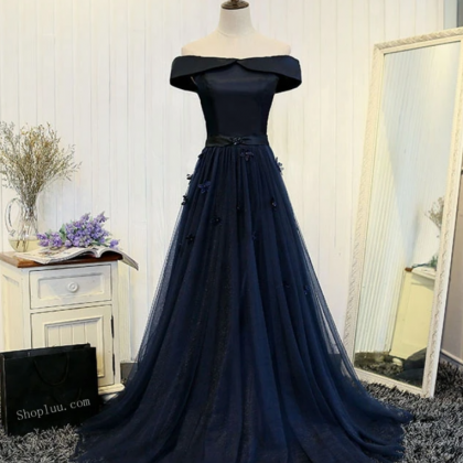 Dark Blue Off Shoulder Long Prom Dress Hand Made..