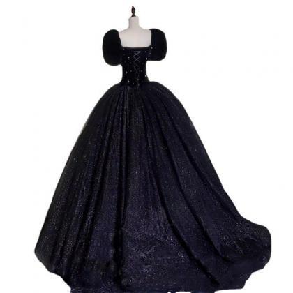 Luxury Black Cap Sleeve Beading Long Evening Dress..