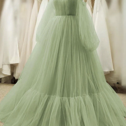 A-line Off Shoulder Floor Length A-line Long Prom Dress, Green Sweetheart Party Dress