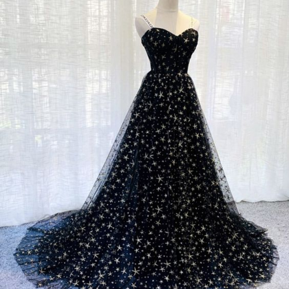 Charming Black Tulle Long Prom Dress Hand Made..