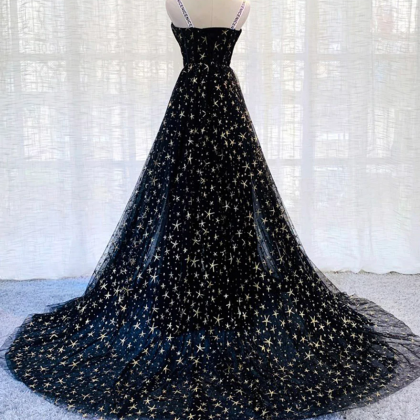 Charming Black Tulle Long Prom Dress Hand Made..