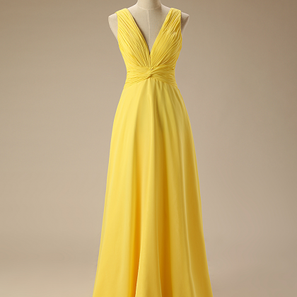 Elegant Yellow V-neck Chiffon Long Bridesmaid..