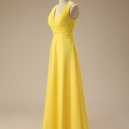 Elegant Yellow V-neck Chiffon Long Bridesmaid..