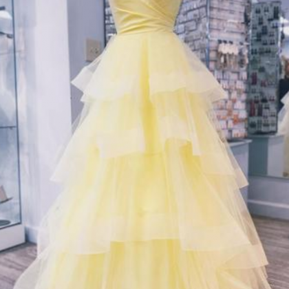 Yellow Tulle Strapless Long Layered Sweet 16 Prom..