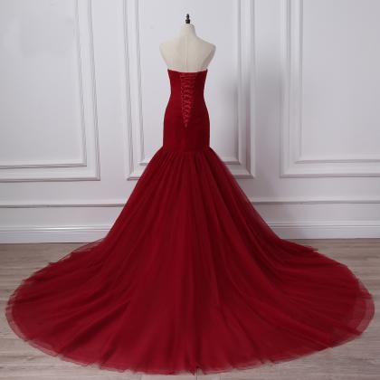 Red Wedding Dress Tulle Mermaid Formal Dresses..