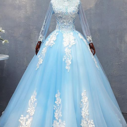 Blue Tulle Lace Long Prom Dress Long Sleeve..