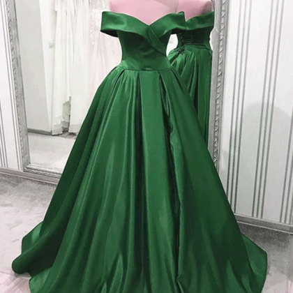 Green Satin Sweetheart Long Prom Dress, A-line..