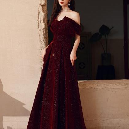 Burgundy Velvet Floor Length Party Dress, A-line..