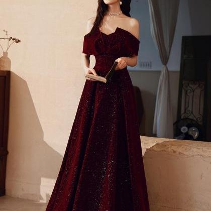 Burgundy Velvet Floor Length Party Dress, A-line..