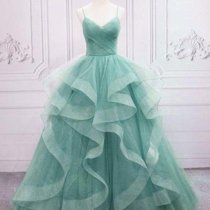 A-line V Neck Tulle Long Prom Dress, Green Straps..