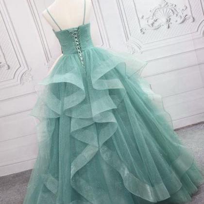 A-line V Neck Tulle Long Prom Dress, Green Straps..