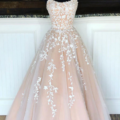 Champagne Pinkg Lace-up Long Tulle With Lace..