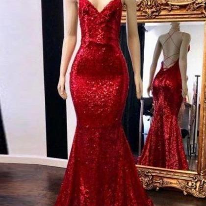 Red Sequins Mermaid Cross Back Long Party Dress..