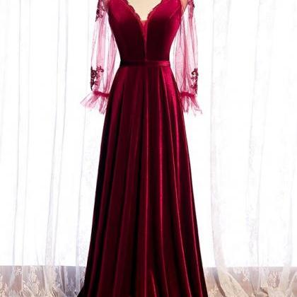 Elegant Wine Red Velvet Long Party Dress Prom..