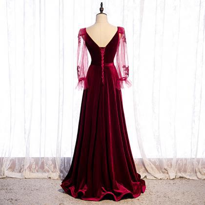 Elegant Wine Red Velvet Long Party Dress Prom..
