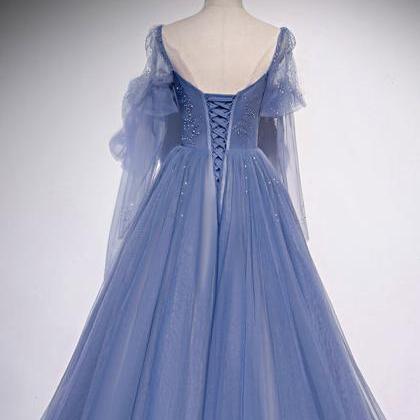 Blue Tulle A-line Beaded Long Party Dress Hand..