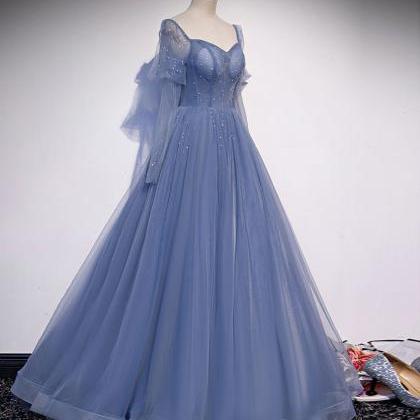 Blue Tulle A-line Beaded Long Party Dress Hand..
