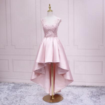 Pink Satin High Low Evening Party Dress With Lace..