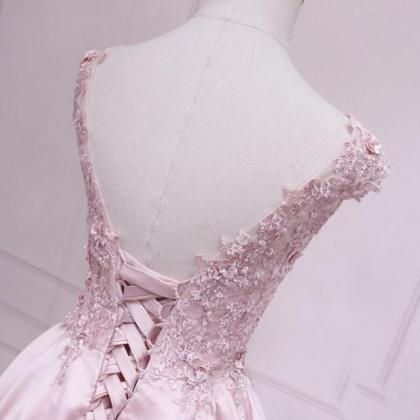 Pink Satin High Low Evening Party Dress With Lace..