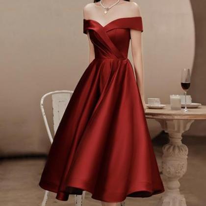 Elegant Dark Red Satin Tea Length Bridesmaid Dress..