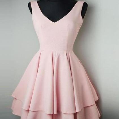 Simple V Neck Pink Homecoming Dresses Short Prom..