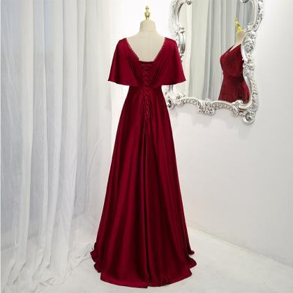 Dark Red Satin A-line Floor Length Evening Dress,..