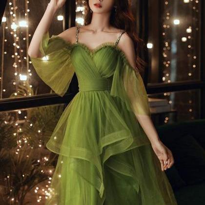 Green Tulle Short Layers Straps Short Party Dress..