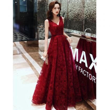 Dark Red Lace V-neckline Floor Length Evening Gown..