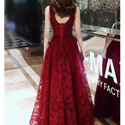 Dark Red Lace V-neckline Floor Length Evening Gown..