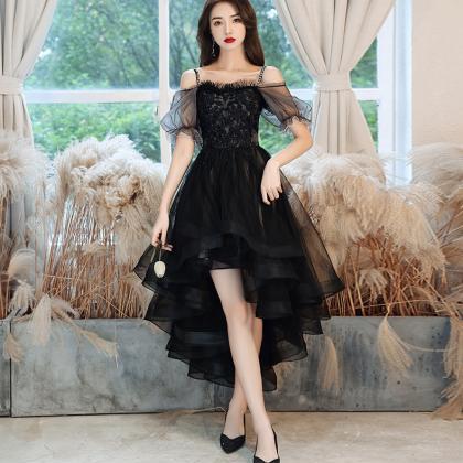Black Tulle Short Sleeves High Low Party Dress,..
