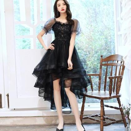 Black Tulle Short Sleeves High Low Party Dress,..